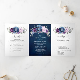 Faire-part Trois Volets Bleu Poussiéreux Violet Navy Lilac Fleurs Mariage 