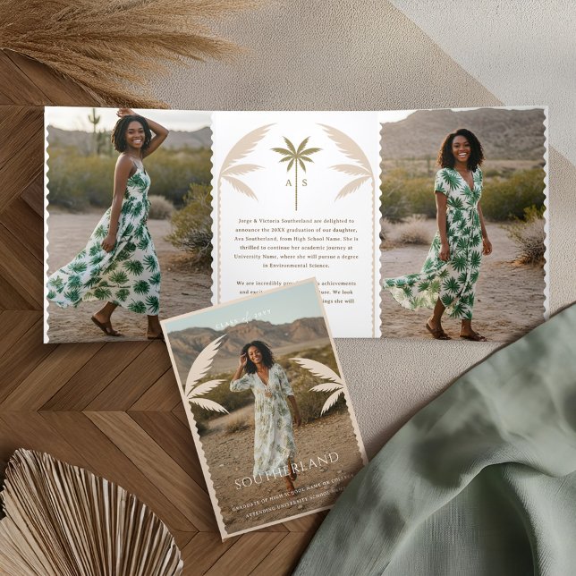 Faire-part Trois Volets Boho Retro Tropical Palm Tree Graduation Photo (Boho Retro Tropical Palm Tree Graduation Photo Tri-Fold Announcement)