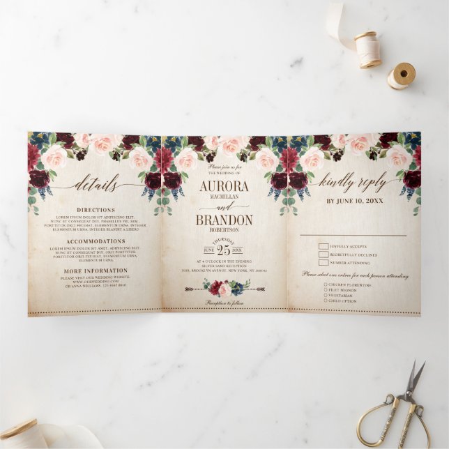 Faire-part Trois Volets Burgundy Navy Floral Rustic Country Boho Mariage (Intérieur)