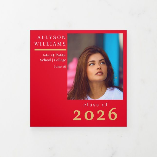 Faire-part Trois Volets Classe Élégante Rouge 8 Photos Diplômé (Protection)
