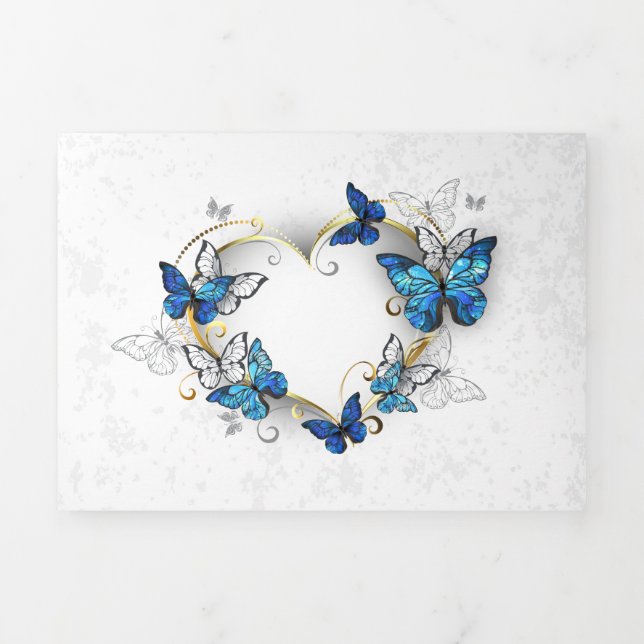 Faire-part Trois Volets Coeur bijoux avec papillons Morpho (Page de couverture)