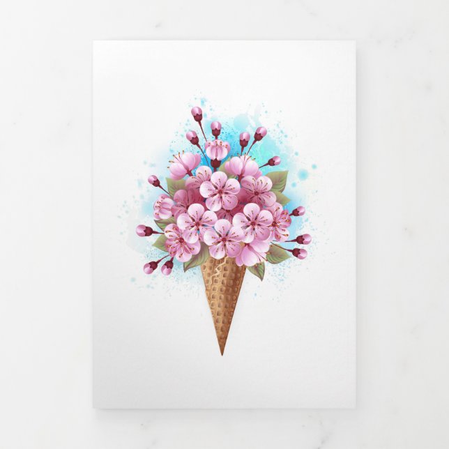 Faire-part Trois Volets Cône rose Sakura crème glacée gaufre (Page de couverture)