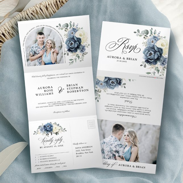 Faire-part Trois Volets Dusty Blue Navy Champagne Ivory Floral Mariage (Dusty Blue Navy Champagne Ivory Floral Wedding Tri-Fold Announcement)