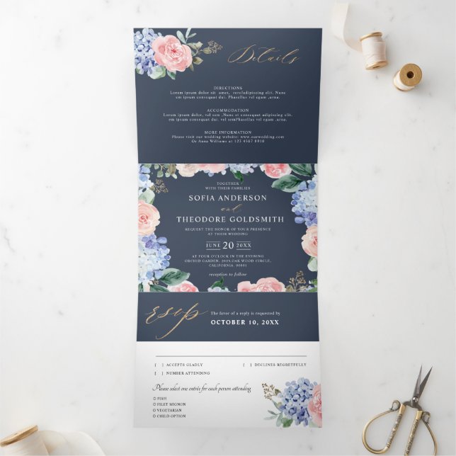 Faire-part Trois Volets Dusty Blue Pastel Pink hydrangeas Mariage Tri-Fold (Intérieur)