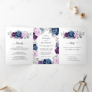 Faire-part Trois Volets Dusty Blue Purple Navy Lilac Blooms Mariage