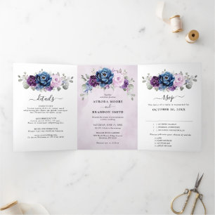 Faire-part Trois Volets Dusty Blue Purple Navy Lilac Blooms Mariage Tri-Fo