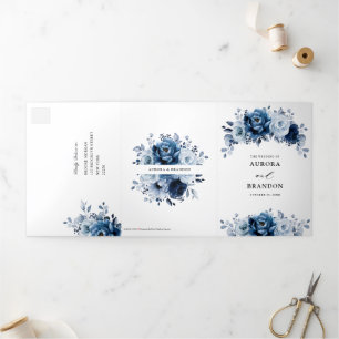 Faire-part Trois Volets Dusty Blue Slate Navy Floral Botanal Mariage Tri