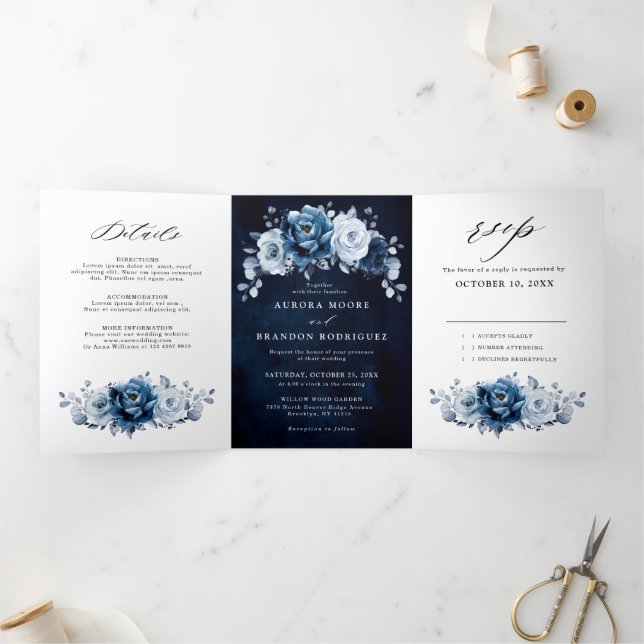 Faire-part Trois Volets Dusty Blue Slate Navy Floral Botanal Mariage Tri (Intérieur)