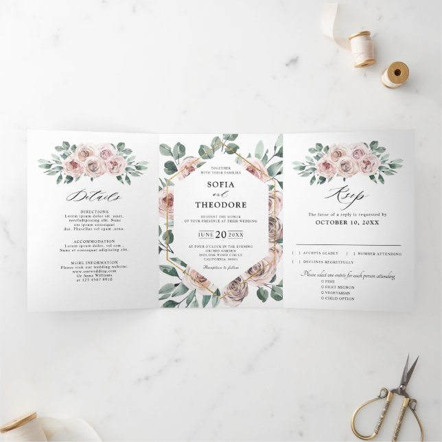 Faire-part Trois Volets Dusty rose Rose floral Mariage géométrique (Intérieur)