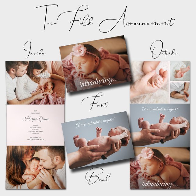 Faire-part Trois Volets Élégant collage photo de nouveau-né (Elegant newborn photo collage tri-fold birth announcements)