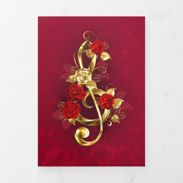 Faire-part Trois Volets Golden Treble Clef avec fleurs Roses (Page de couverture)