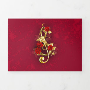 Faire-part Trois Volets Golden Treble Clef avec fleurs Roses