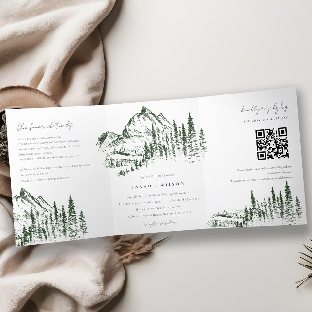 Faire-part Trois Volets Green Pine Woods Mountain Sketch Mariage QR Code (Créateur téléchargé)