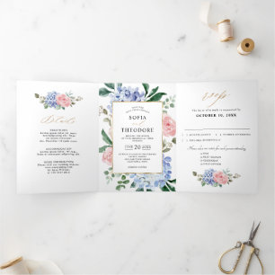 Faire-part Trois Volets Hydrangeas Bleu Pâle Rose Pastel Mariage Triptyque