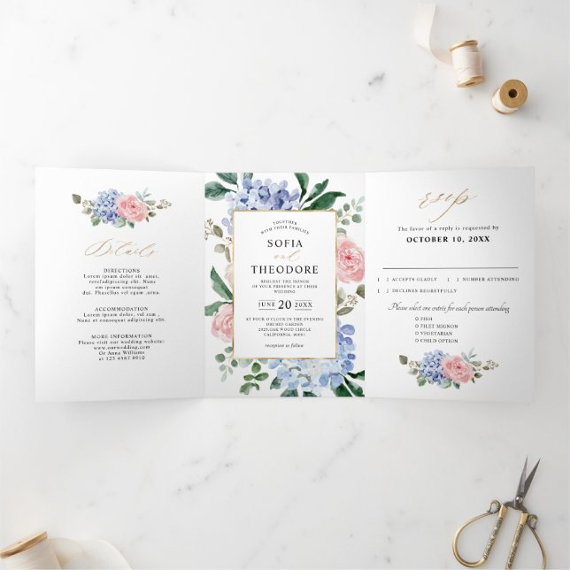 Faire-part Trois Volets Hydrangeas Bleu Pâle Rose Pastel Mariage Triptyque (Intérieur)