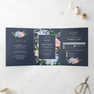 Faire-part Trois Volets Hydrangeas bleu poussiéreux rose pastel Mariage  T
