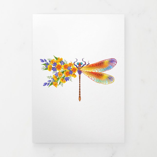 Faire-part Trois Volets libellule de fleurs jaunes (Page de couverture)