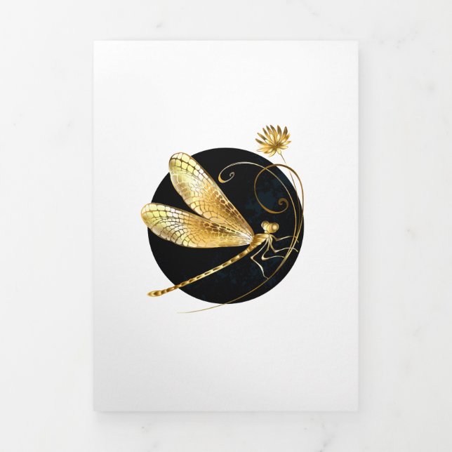 Faire-part Trois Volets libellule d'or en cercle noir (Page de couverture)