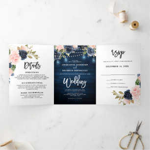 Faire-part Trois Volets Lumières de Chaîne Rose Foncé Bleu Marine Mariage