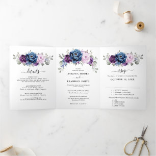 Faire-part Trois Volets Mariage aux Fleurs de Bleu Poussiéreux Violet Navy