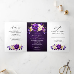 Faire-part Trois Volets Mariage Botanique Fleur Royal Violet Or