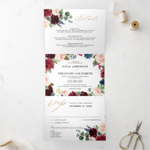 Faire-part Trois Volets Mariage campagnard floral rustique de la marine de
