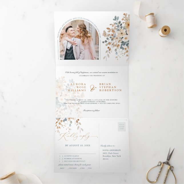 Faire-part Trois Volets Mariage d'aquarelle florale moelleuse (Intérieur)