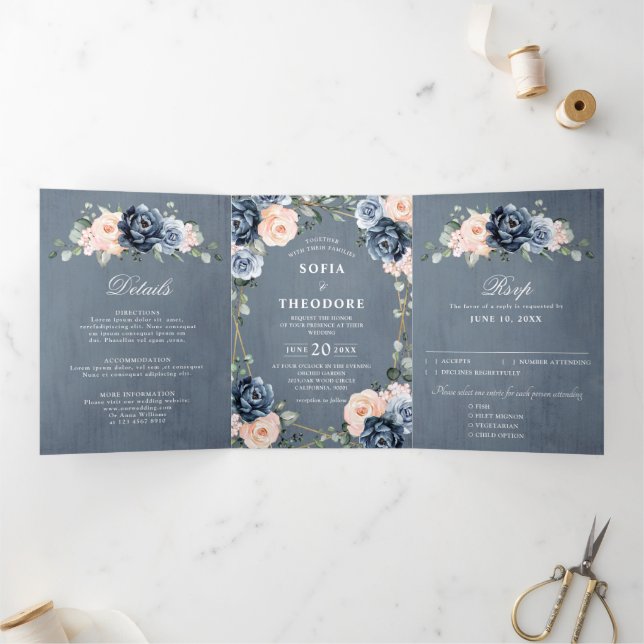 Faire-part Trois Volets Mariage Fleur Géométrique Tr Dusty Blue Peach Blus (Intérieur)