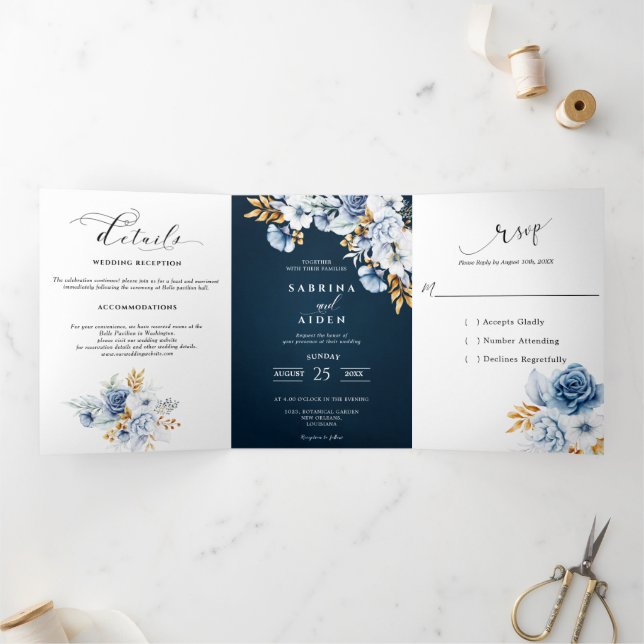 Faire-part Trois Volets Mariage Fleurie Bleu Navy Blanc Or (Intérieur)
