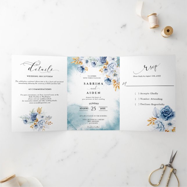 Faire-part Trois Volets Mariage Fleurie Bleu Poussiéreux Blanc Or  (Intérieur)