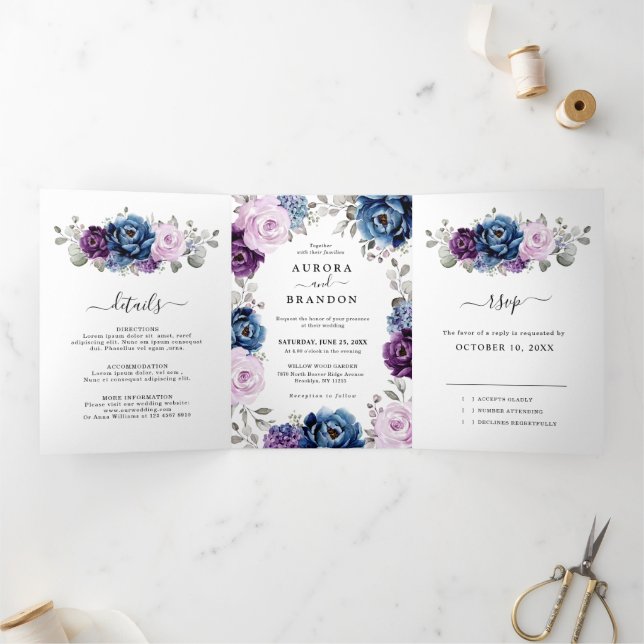 Faire-part Trois Volets Mariage Fleurs de Lilac Violet Bleu Marine Poussié (Intérieur)