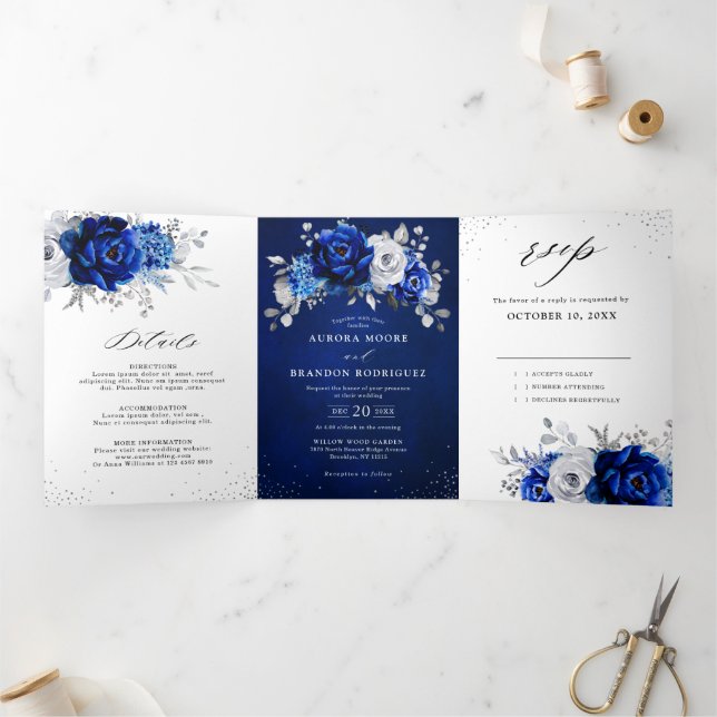 Faire-part Trois Volets Mariage Floral Argent Métallisé Bleu Royal (Intérieur)