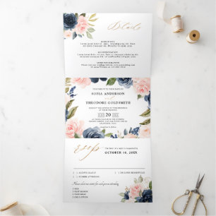 Faire-part Trois Volets Mariage floral bleu marine dusty blush rose 