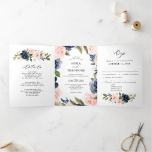 Faire-part Trois Volets Mariage floral bleu marine poussiéreux rose blush 