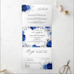 Faire-part Trois Volets Mariage Floral Bleu Royal Blanc Argent Métallisé T<br><div class="desc">Invitation de mariage élégante sur le thème bleu royal blanc argent, avec un élégant bouquet de fleurs de rose de couleur bleu royal, marine, argent, blanc pur et feuilles d'eucalyptus vert sauge. N'hésitez pas à me contacter pour toute aide de personnalisation ou si vous avez besoin d'un autre produit avec...</div>