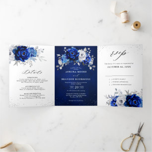 Faire-part Trois Volets Mariage Floral Bleu Royal Blanc Métallisé Argent
