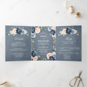 Faire-part Trois Volets Mariage floral géométrique Tr bleu foncé
