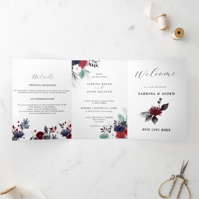 Faire-part Trois Volets Mariage floral gothique rouge burgundy bleu marine (Intérieur)