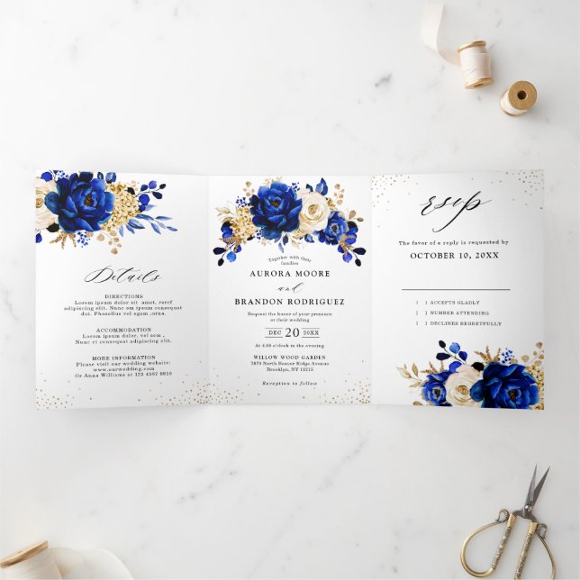 Faire-part Trois Volets Mariage Floral Métal Doré Bleu Royal Jaune (Intérieur)