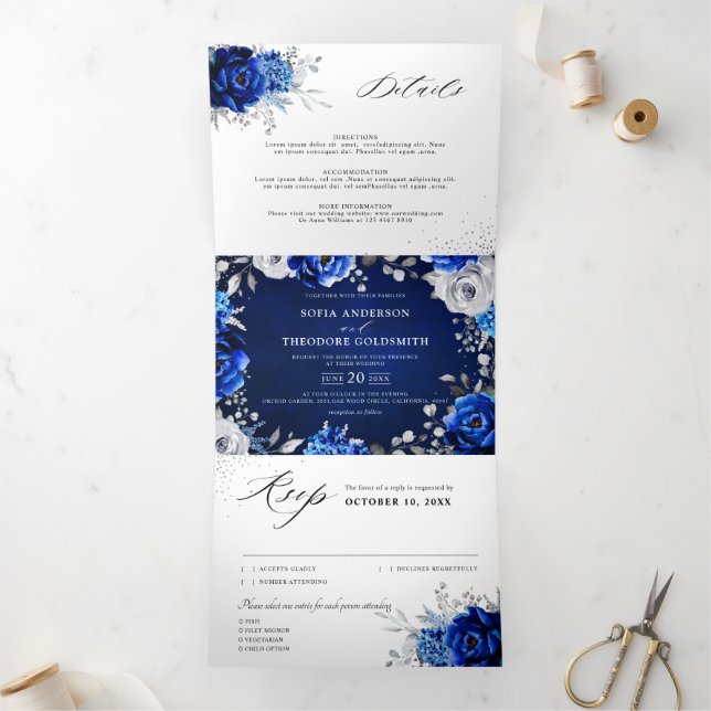 Faire-part Trois Volets Mariage floral métallisé bleu royal blanc argent (Intérieur)