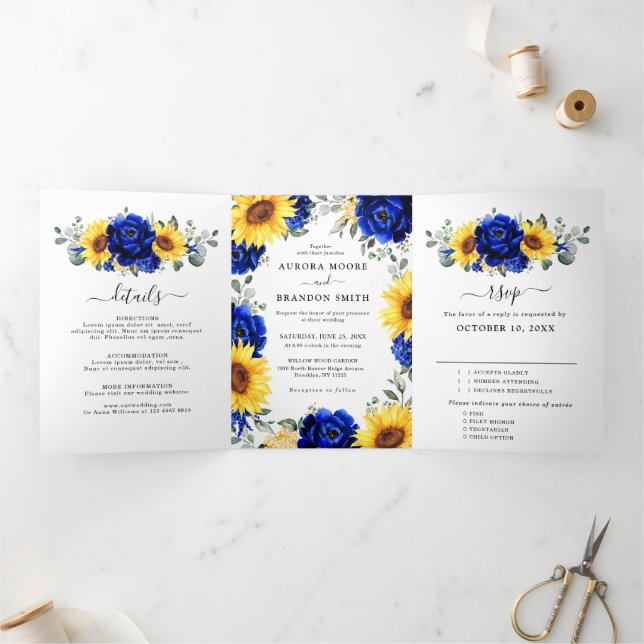 Faire-part Trois Volets Mariage floral moderne rustique bleu royal Tournes (Intérieur)