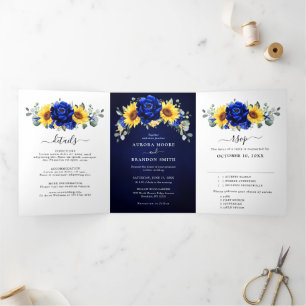 Faire-part Trois Volets Mariage Floral Moderne Rustique Tournesol Bleu Roy