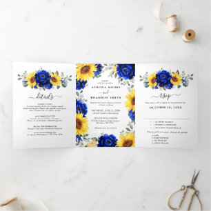Faire-part Trois Volets Mariage Floral Moderne Tournesol Rustique Bleu Roy