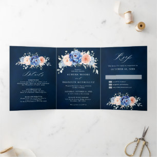 Faire-part Trois Volets Mariage floral rose bleu marine