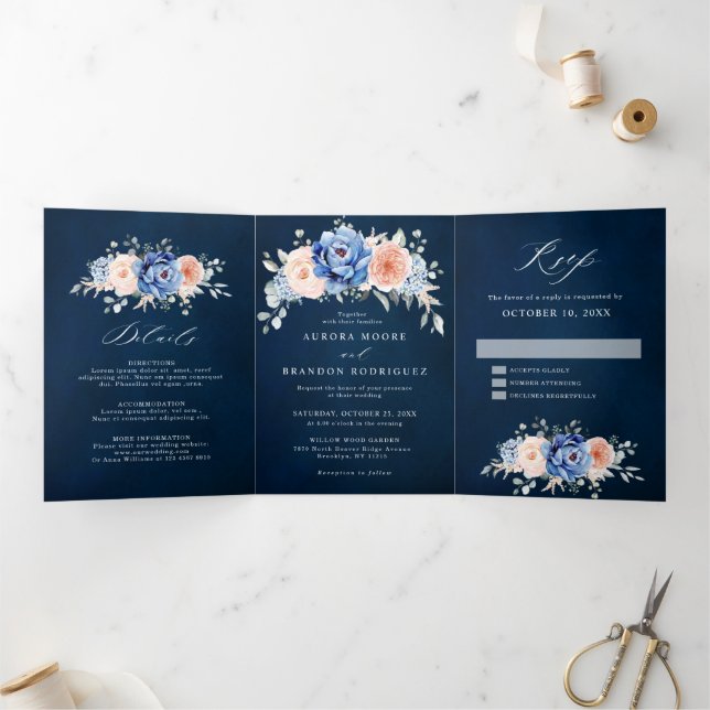 Faire-part Trois Volets Mariage floral rose bleu marine (Intérieur)