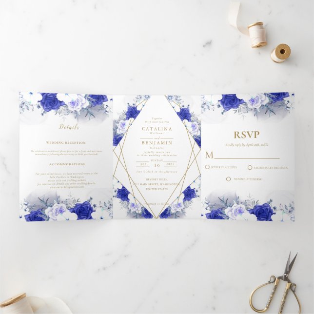 Faire-part Trois Volets Mariage géométrique bleu violet de la marine (Intérieur)