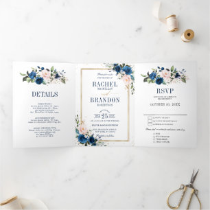 Faire-part Trois Volets Mariage géométrique bohème Rose Rose Blush Bleu Nu