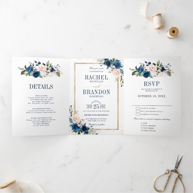 Faire-part Trois Volets Mariage géométrique bohème rose rose pink et bleu  (Intérieur)