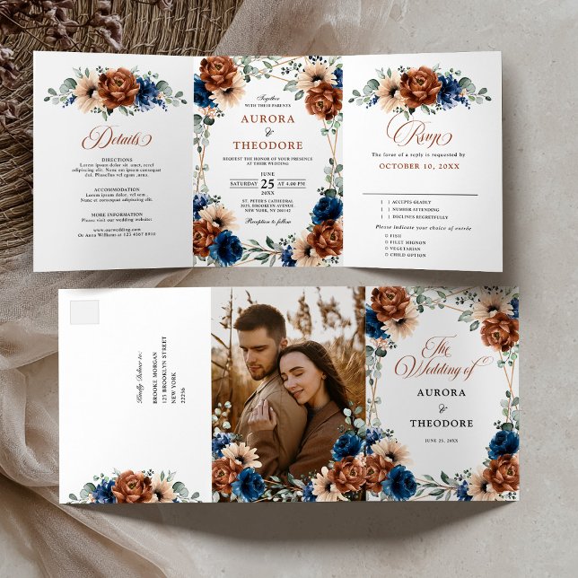 Faire-part Trois Volets Mariage géométrique de Terracotta, bleu marine et  (Terracotta Navy Blue Greenery Geometric Wedding Tri-Fold Announcement / all in one invitation)