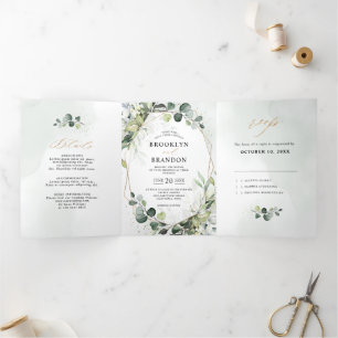 Faire-part Trois Volets Mariage géométrique moderne à la sauge d'eucalyptu
